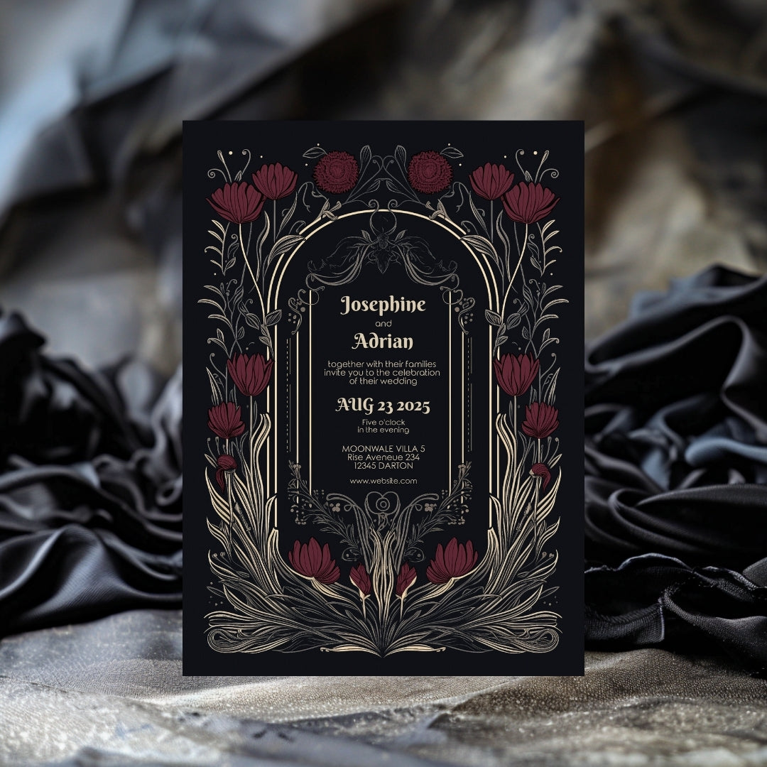 Gothic Burgundy Floral Wedding Invitation Set - 5x7 Invitation, 4x7 Details, 3.5.x5 RSVP