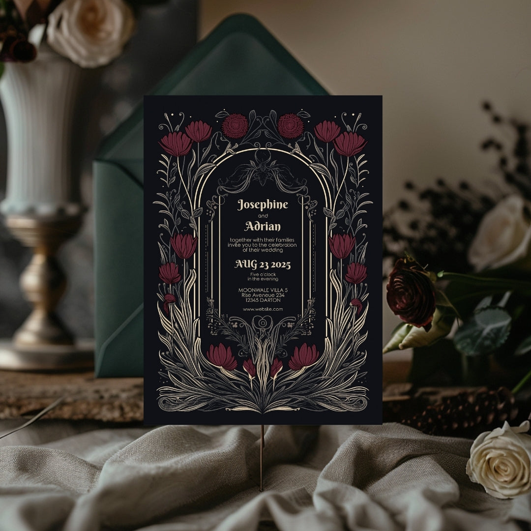 Gothic Burgundy Floral Wedding Invitation Set - 5x7 Invitation, 4x7 Details, 3.5.x5 RSVP