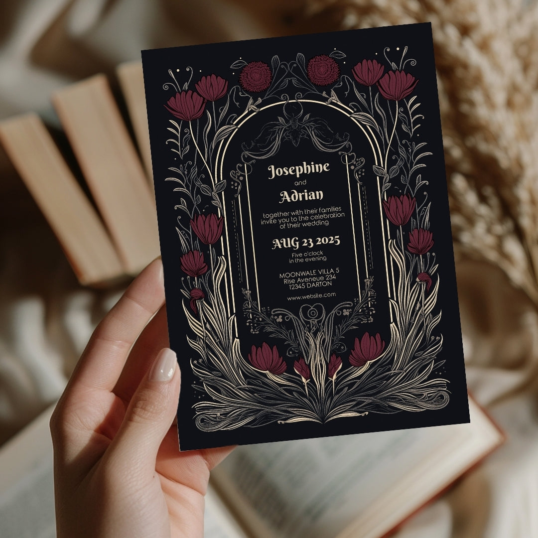 Gothic Burgundy Floral Wedding Invitation Set - 5x7 Invitation, 4x7 Details, 3.5.x5 RSVP