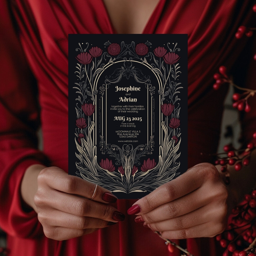 Gothic Burgundy Floral Wedding Invitation Set - 5x7 Invitation, 4x7 Details, 3.5.x5 RSVP