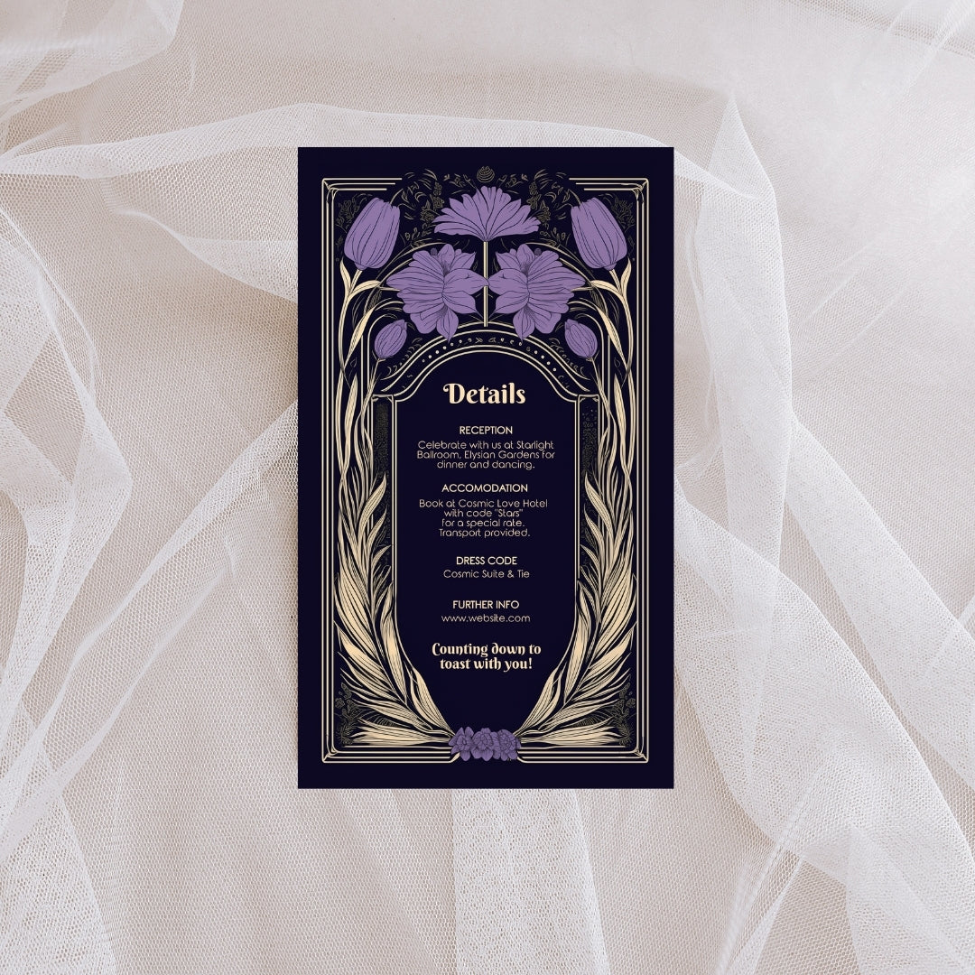 Gothic Purple Floral Wedding Invitation Set - 5x7 Invitation, 4x7 Details, 3.5.x5 RSVP