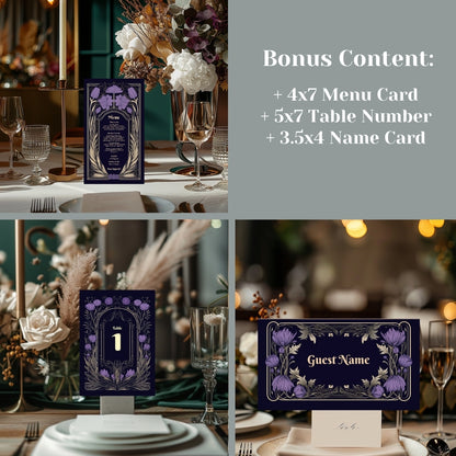 Gothic Purple Floral Wedding Invitation Set - 5x7 Invitation, 4x7 Details, 3.5.x5 RSVP