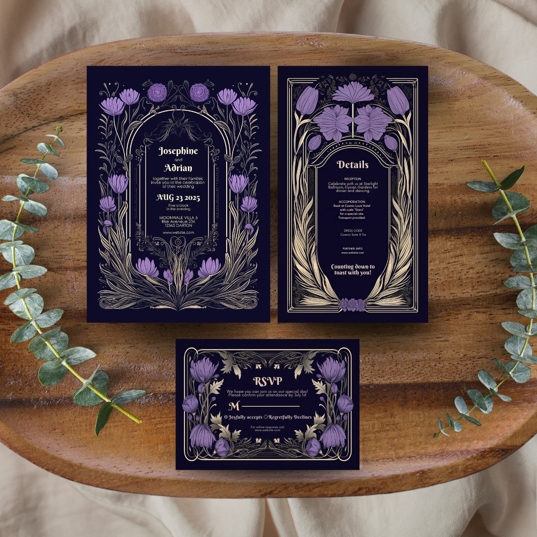 Gothic Purple Floral Wedding Invitation Set - 5x7 Invitation, 4x7 Details, 3.5.x5 RSVP