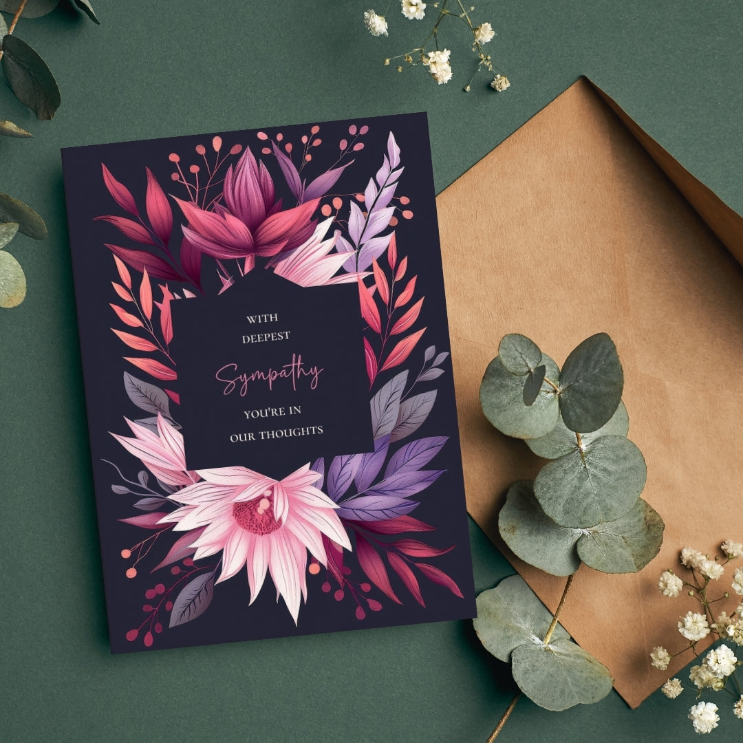 Vibrant Gothic Floral Sympathy Card - Heartfelt Botanical Design for Condolences