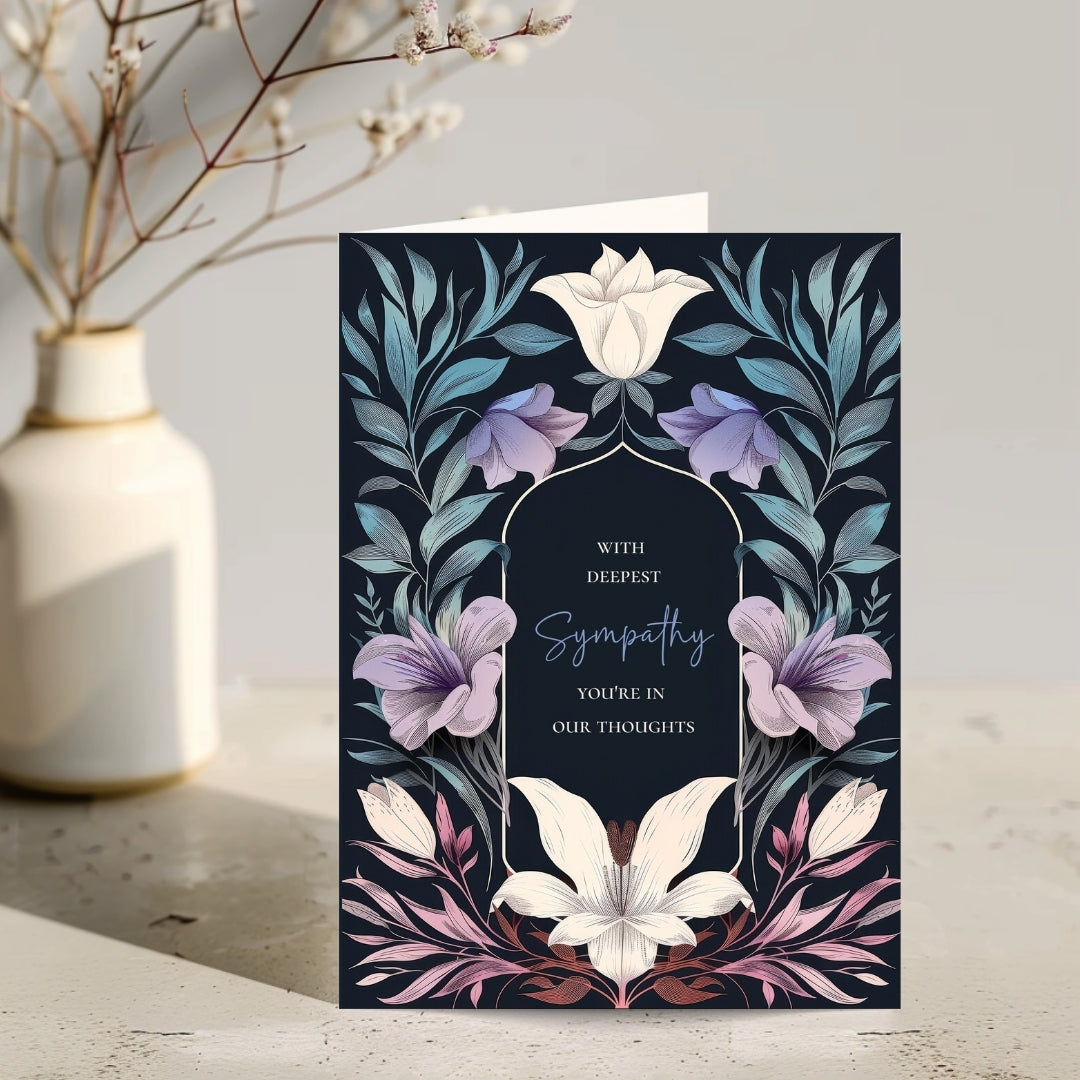 Serene Gothic Floral Sympathy Card - Elegant Botanical Design for Heartfelt Condolences