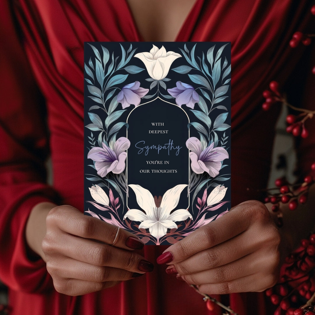 Serene Gothic Floral Sympathy Card - Elegant Botanical Design for Heartfelt Condolences