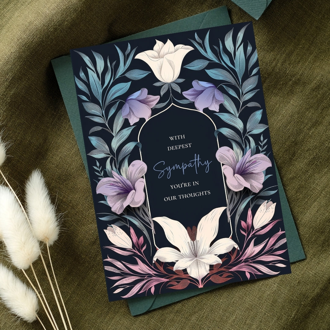 Serene Gothic Floral Sympathy Card - Elegant Botanical Design for Heartfelt Condolences