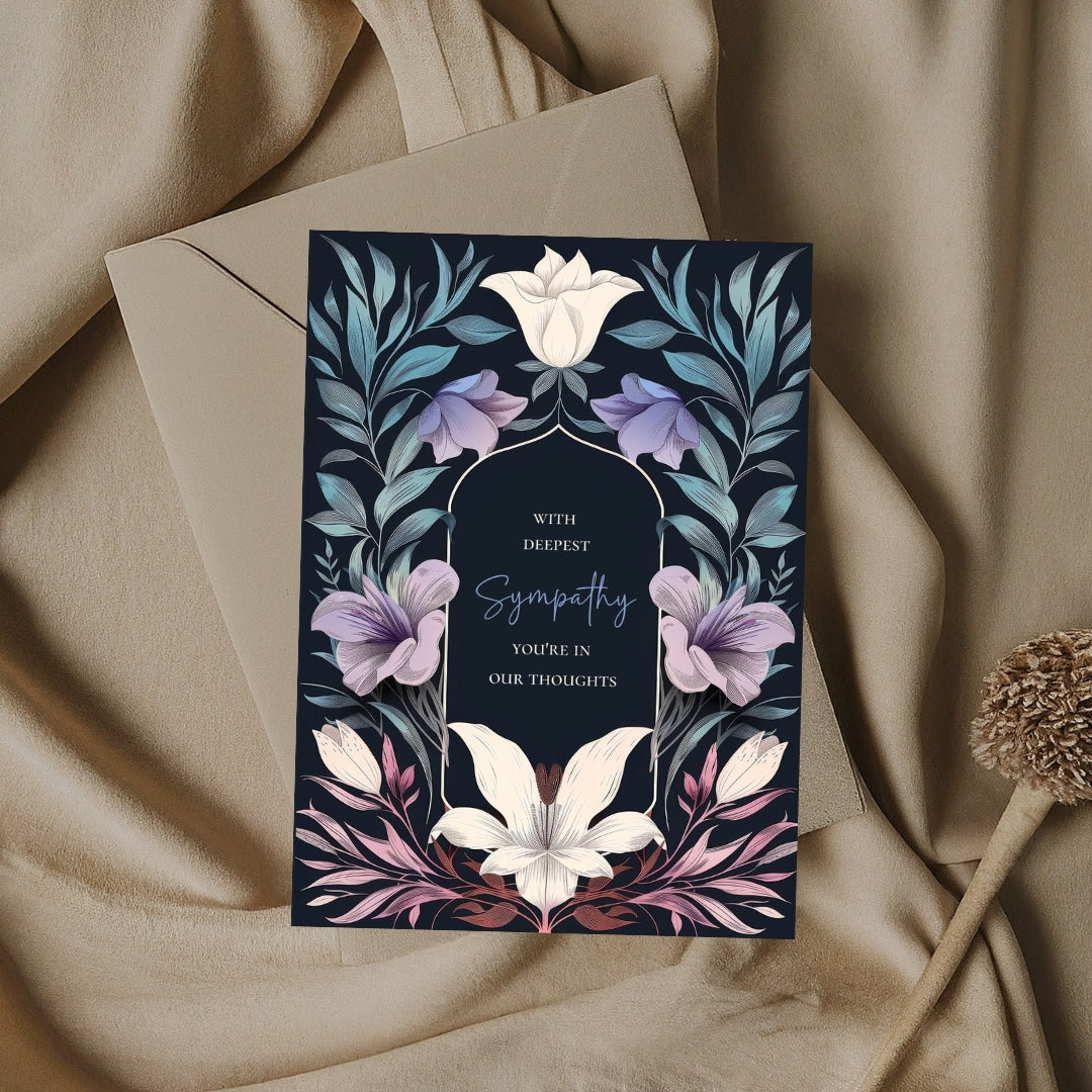 Serene Gothic Floral Sympathy Card - Elegant Botanical Design for Heartfelt Condolences