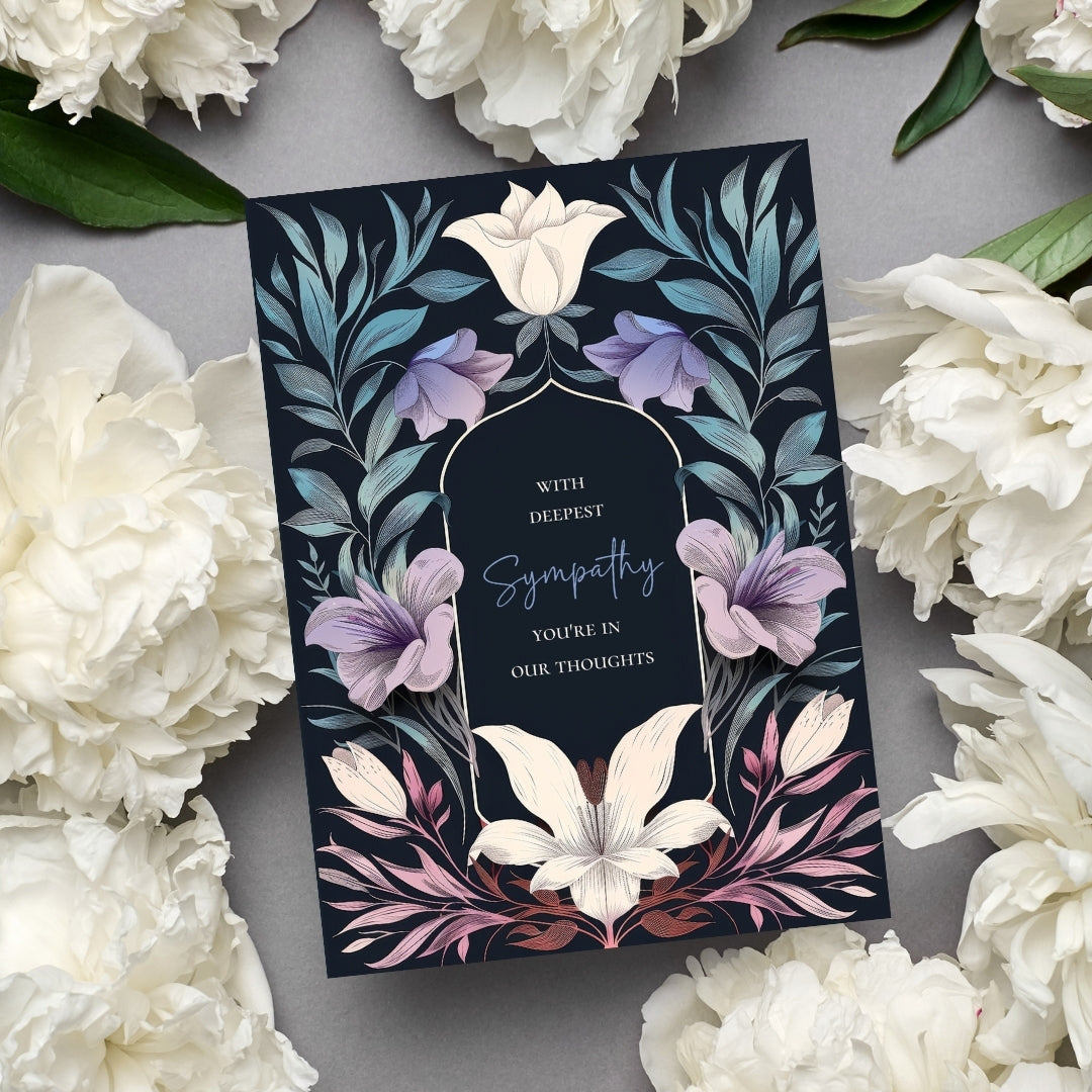 Serene Gothic Floral Sympathy Card - Elegant Botanical Design for Heartfelt Condolences