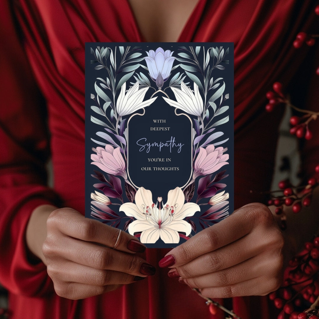 Elegant Botanical Gothic Sympathy Card - Serene Floral Design for Heartfelt Condolences