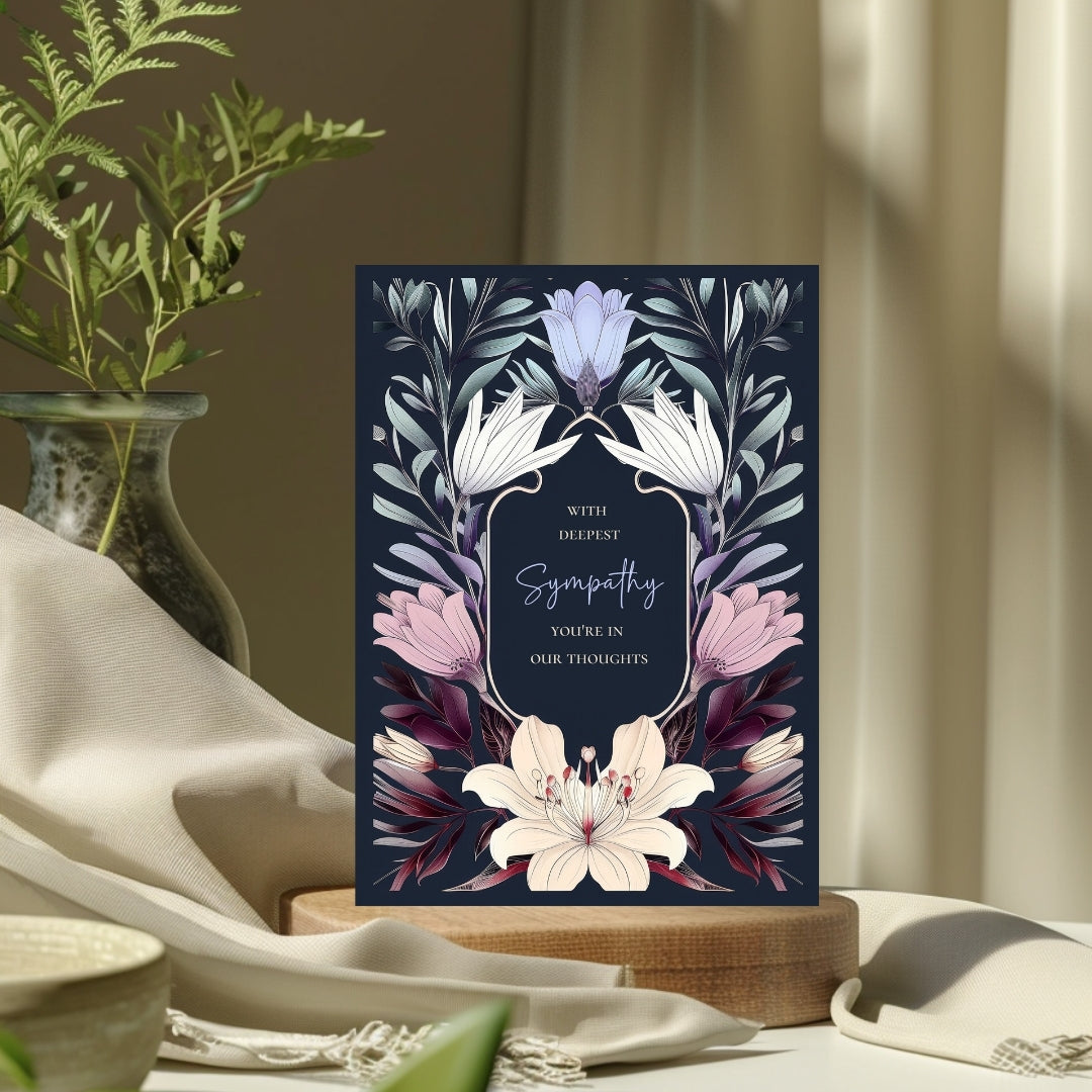 Elegant Botanical Gothic Sympathy Card - Serene Floral Design for Heartfelt Condolences