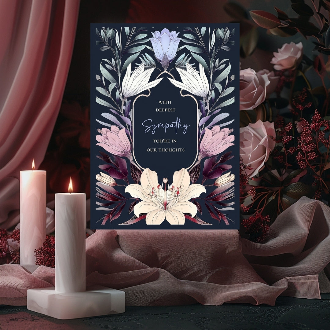 Elegant Botanical Gothic Sympathy Card - Serene Floral Design for Heartfelt Condolences