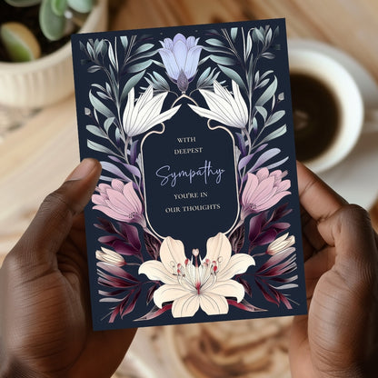 Elegant Botanical Gothic Sympathy Card - Serene Floral Design for Heartfelt Condolences