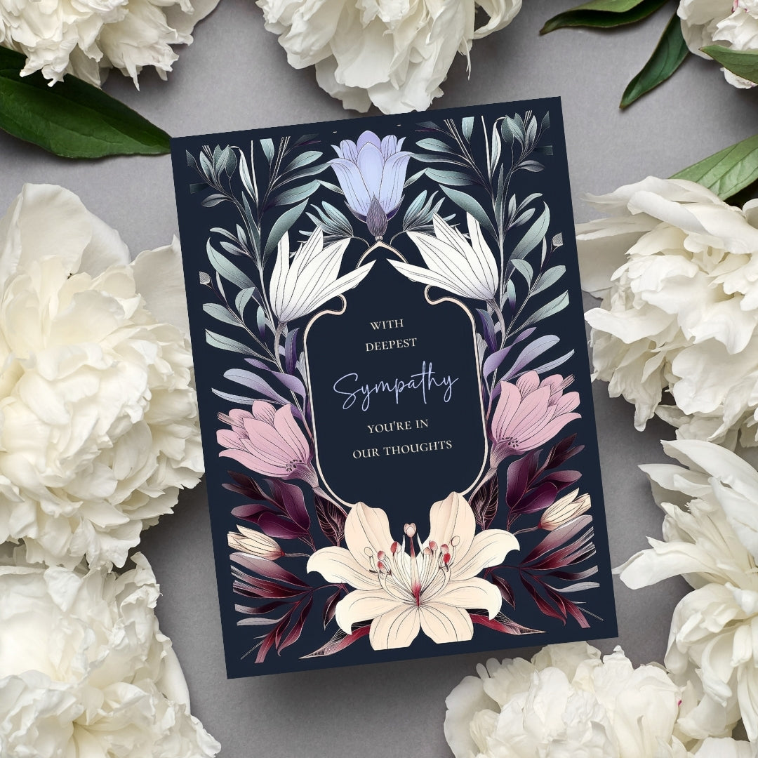 Elegant Botanical Gothic Sympathy Card - Serene Floral Design for Heartfelt Condolences