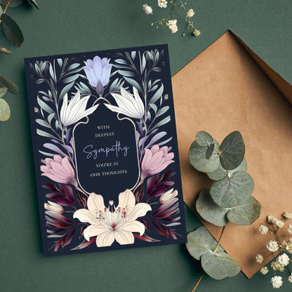 Elegant Botanical Gothic Sympathy Card - Serene Floral Design for Heartfelt Condolences