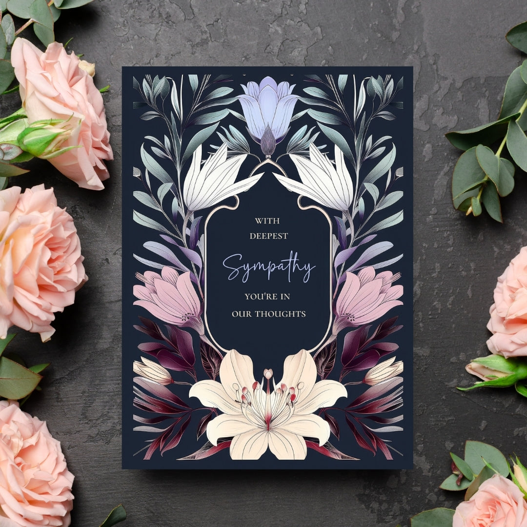 Elegant Botanical Gothic Sympathy Card - Serene Floral Design for Heartfelt Condolences