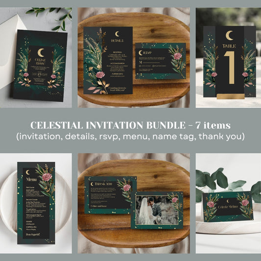 Green Celestial Wedding Invitation Set - 7 items (invitation, rsvp, details, menu, table, name, thank you)