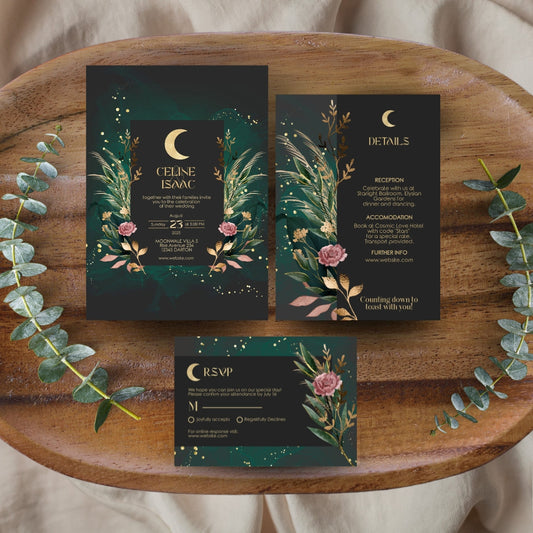 Green Celestial Floral Garden Wedding Invitation Set - 5x7 Invitation, 4.5x6.25 Details, 3.5.x5 RSVP