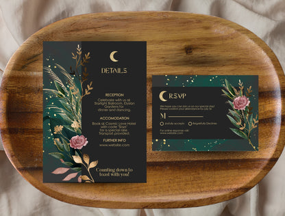 Green Celestial Wedding Invitation Set - 7 items (invitation, rsvp, details, menu, table, name, thank you)