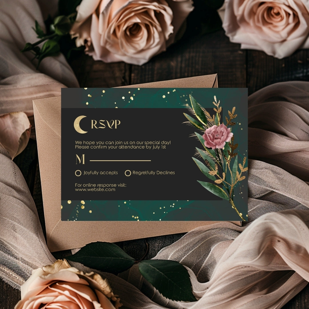 Green Celestial Wedding Invitation Set - 7 items (invitation, rsvp, details, menu, table, name, thank you)