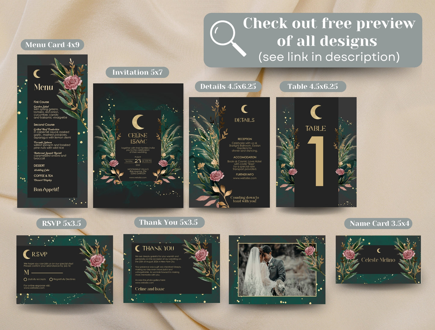 Green Celestial Wedding Invitation Set - 7 items (invitation, rsvp, details, menu, table, name, thank you)