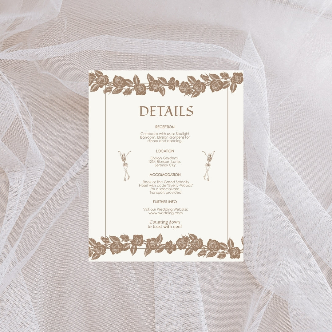 Vintage Beige Rose Gothic Wedding Invitation Set - 5x7 Invitation, 4x5 Details, 3.5.x5 RSVP