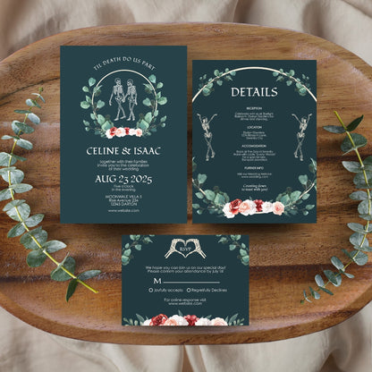 Green Florals Gothic Minimalist Wedding Invitation Set - 5x7 Invitation, 4x5 Details, 3.5.x5 RSVP