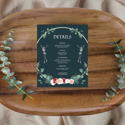 Green Florals Gothic Minimalist Wedding Invitation Set - 5x7 Invitation, 4x5 Details, 3.5.x5 RSVP