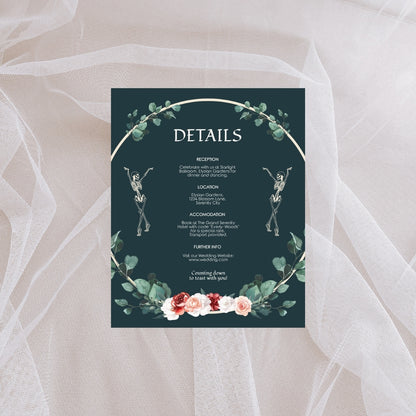 Green Florals Gothic Minimalist Wedding Invitation Set - 5x7 Invitation, 4x5 Details, 3.5.x5 RSVP