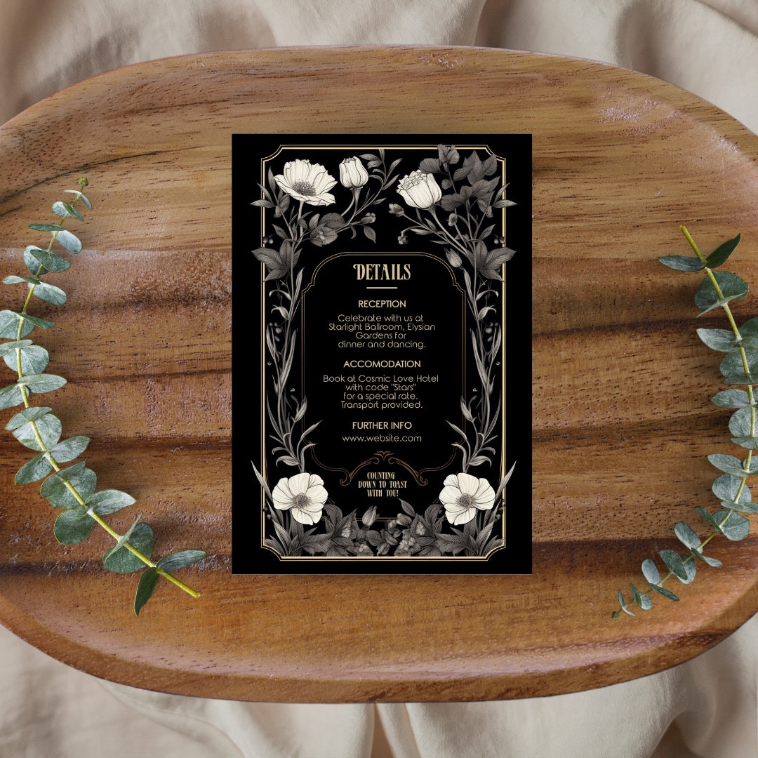 Romantic Gothic Wedding Invitation Set - 5x7 Invitation, 4x6 Details, 3.5.x5 RSVP