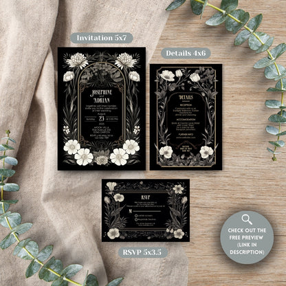 Romantic Gothic Wedding Invitation Set - 5x7 Invitation, 4x6 Details, 3.5.x5 RSVP