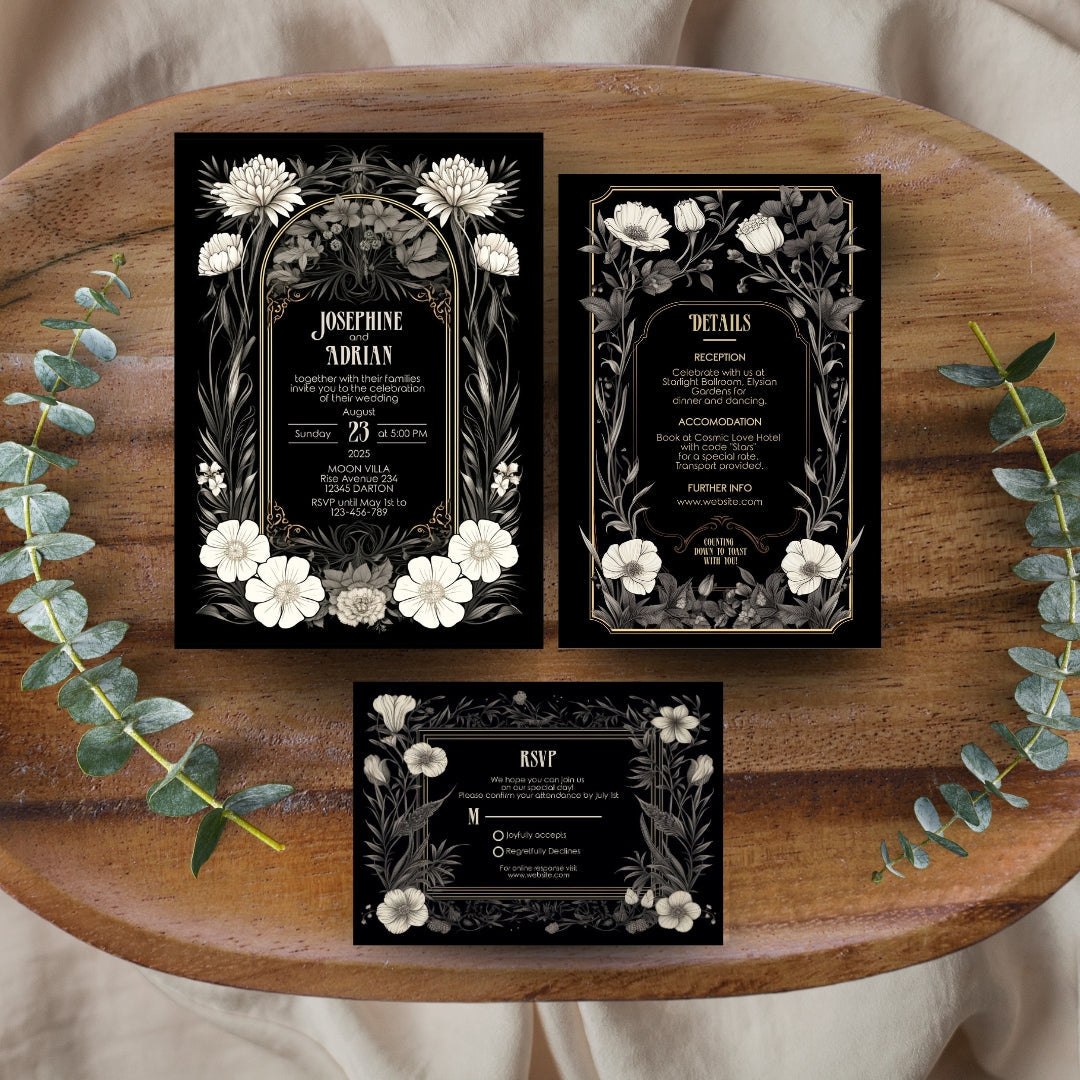 Romantic Gothic Wedding Invitation Set - 5x7 Invitation, 4x6 Details, 3.5.x5 RSVP