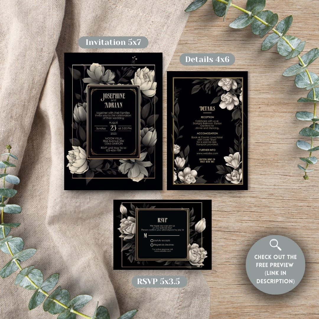 Dark Elegant Floral Wedding Invitation Set - 5x7 Invitation, 4x6 Details, 3.5.x5 RSVP