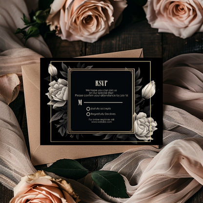 Dark Elegant Floral Wedding Invitation Set - 5x7 Invitation, 4x6 Details, 3.5.x5 RSVP