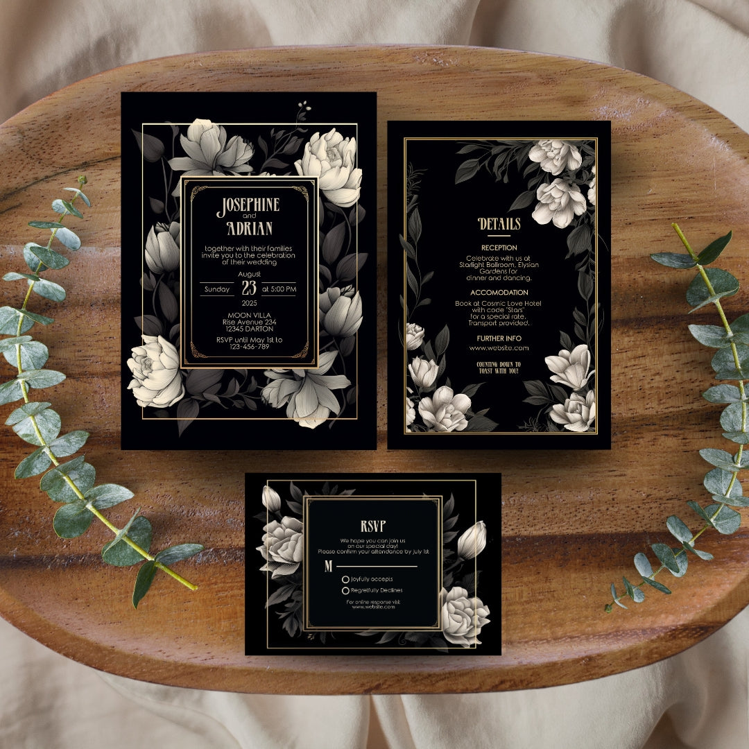 Dark Elegant Floral Wedding Invitation Set - 5x7 Invitation, 4x6 Details, 3.5.x5 RSVP