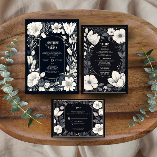 Dark Gothic White Floral Wedding Invitation Set - 5x7 Invitation, 4x6 Details, 3.5.x5 RSVP