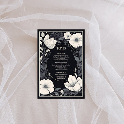 Dark Gothic White Floral Wedding Invitation Set - 5x7 Invitation, 4x6 Details, 3.5.x5 RSVP