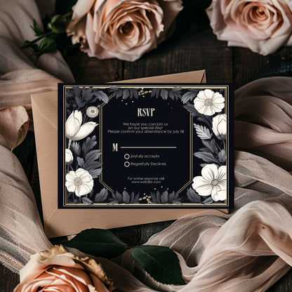 Dark Gothic White Floral Wedding Invitation Set - 5x7 Invitation, 4x6 Details, 3.5.x5 RSVP