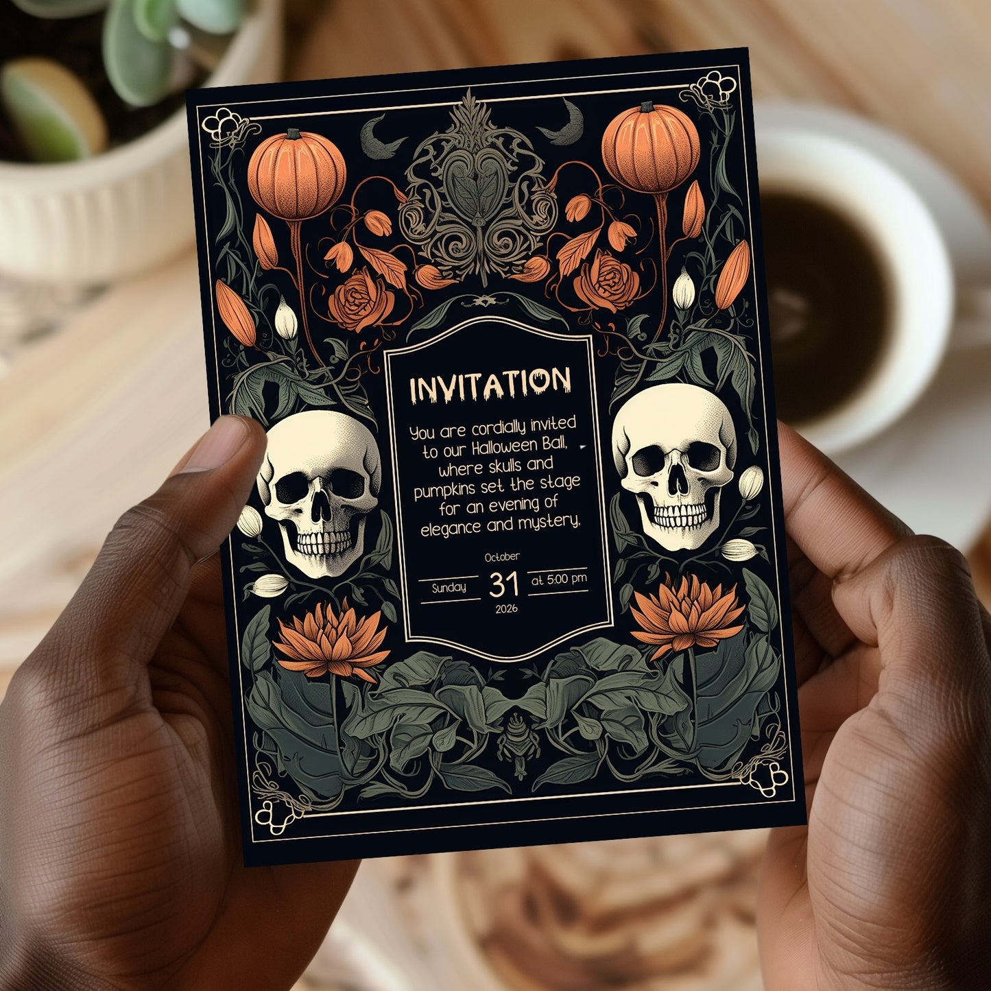 Gothic Baroque Halloween Invitation - Elegant Skull & Pumpkin Party Card