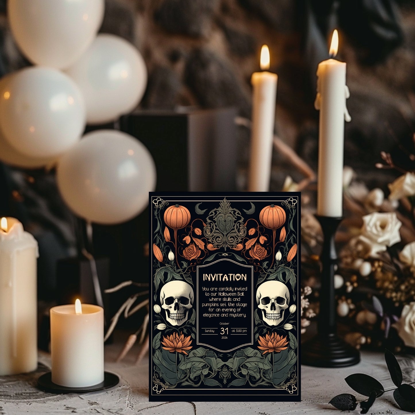 Gothic Baroque Halloween Invitation - Elegant Skull & Pumpkin Party Card