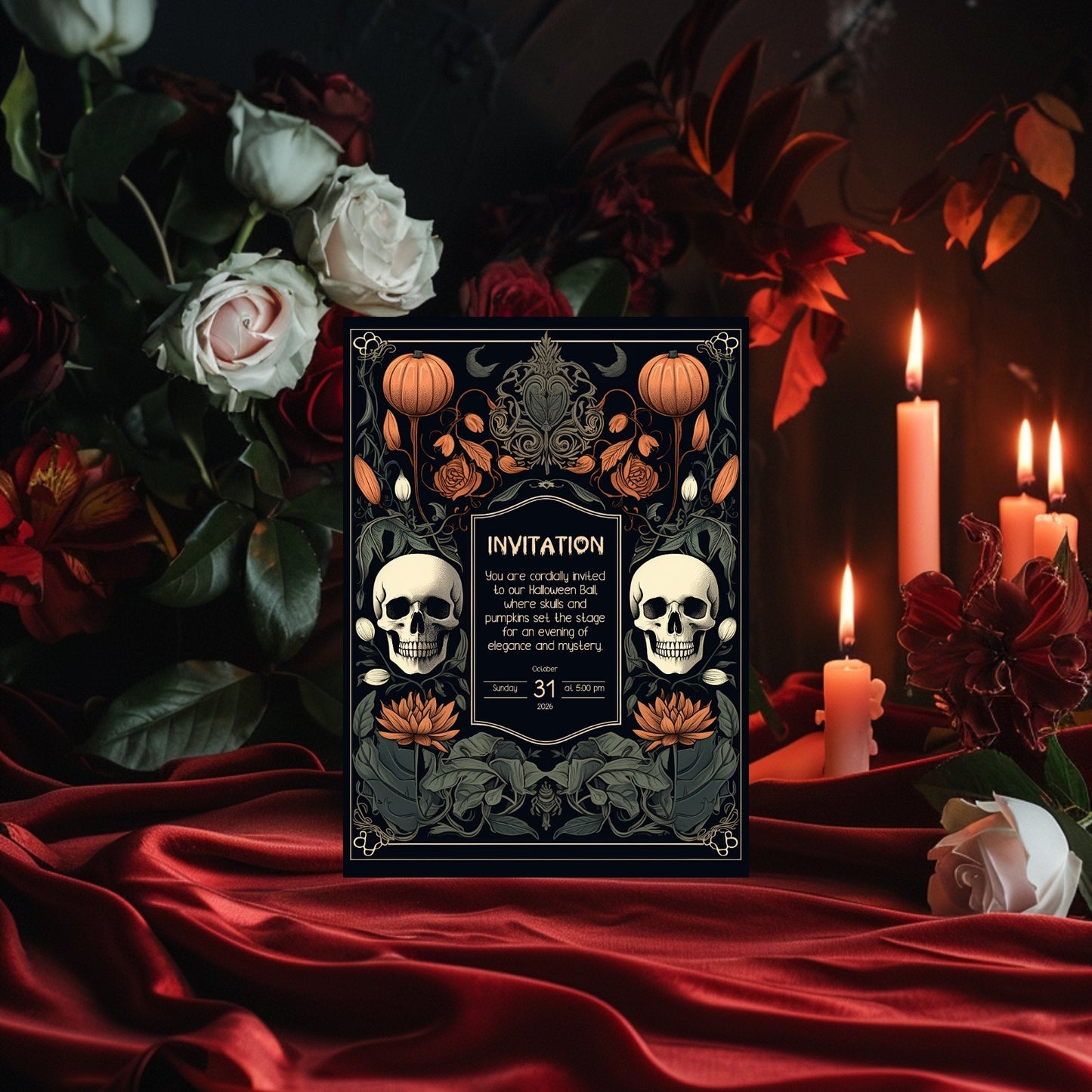 Gothic Baroque Halloween Invitation - Elegant Skull & Pumpkin Party Card