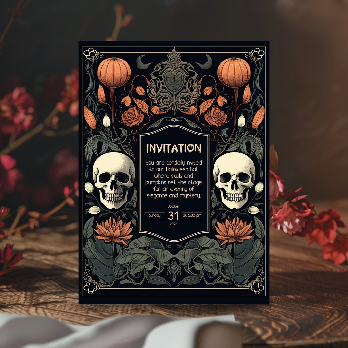 Gothic Baroque Halloween Invitation - Elegant Skull & Pumpkin Party Card