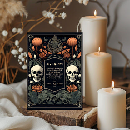 Gothic Baroque Halloween Invitation - Elegant Skull & Pumpkin Party Card