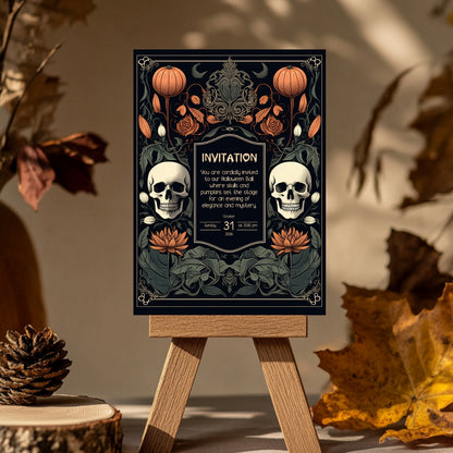 Gothic Baroque Halloween Invitation - Elegant Skull & Pumpkin Party Card