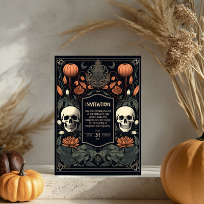 Gothic Baroque Halloween Invitation - Elegant Skull & Pumpkin Party Card