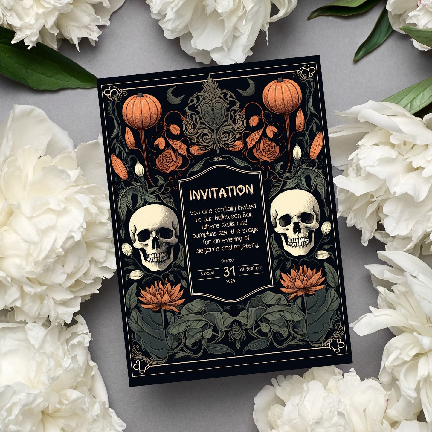 Gothic Baroque Halloween Invitation - Elegant Skull & Pumpkin Party Card