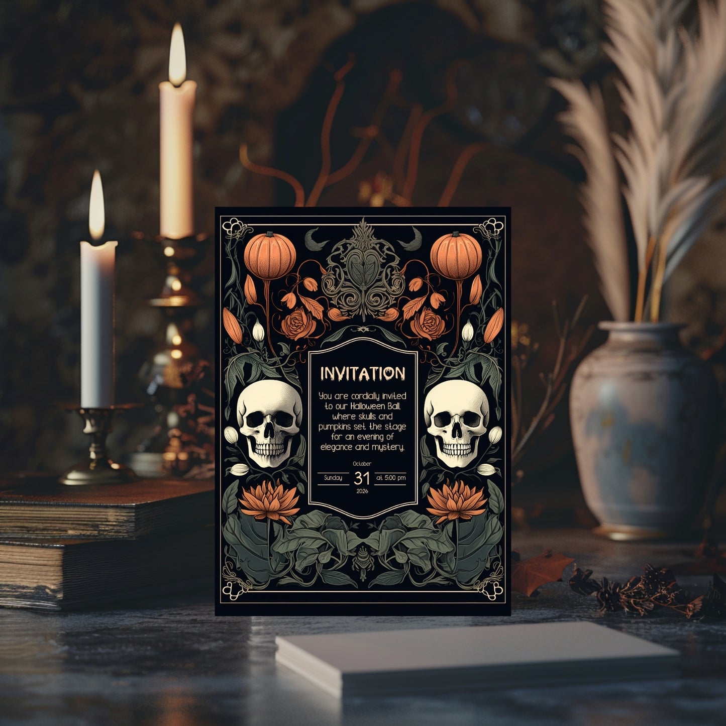 Gothic Baroque Halloween Invitation - Elegant Skull & Pumpkin Party Card