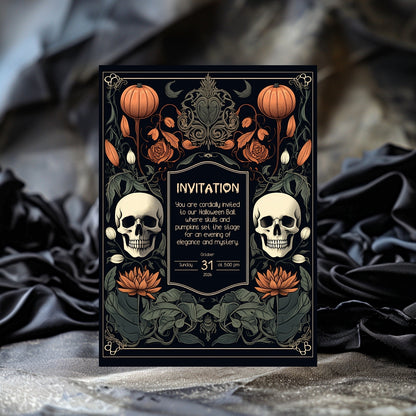 Gothic Baroque Halloween Invitation - Elegant Skull & Pumpkin Party Card