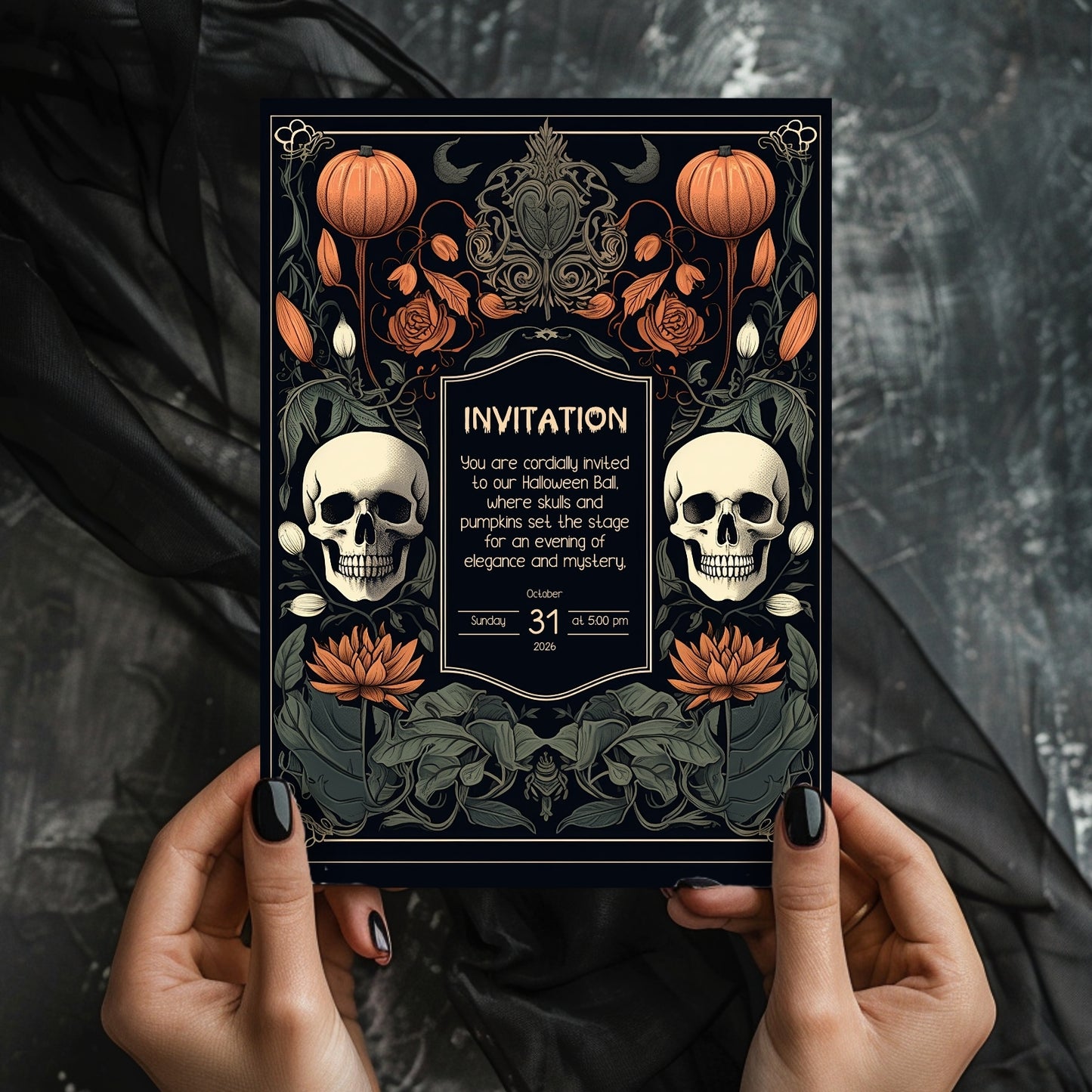 Gothic Baroque Halloween Invitation - Elegant Skull & Pumpkin Party Card