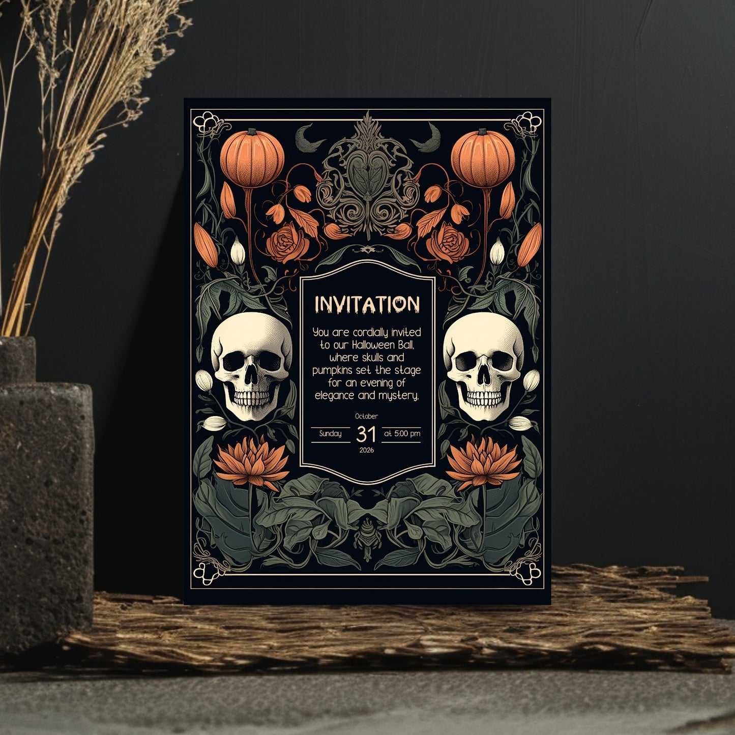 Gothic Baroque Halloween Invitation - Elegant Skull & Pumpkin Party Card